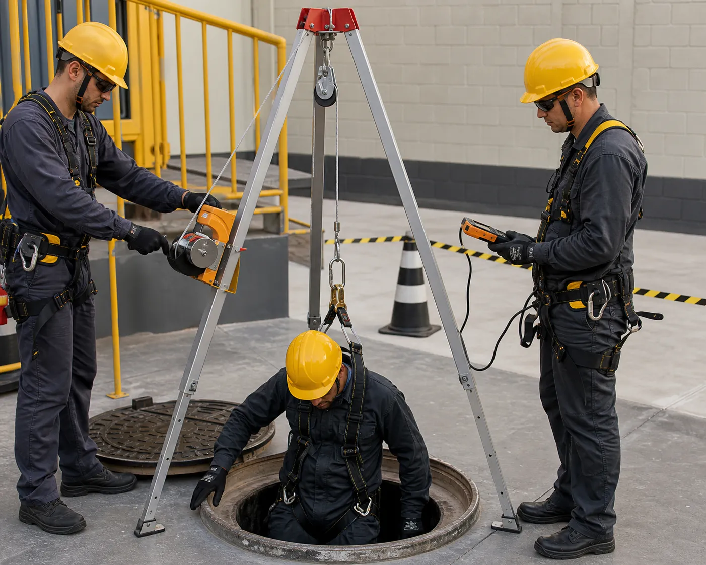 Participante desce por uma abertura no piso preso a um tripé de ancoragem; um colega opera o equipamento e outro acompanha com um detector.